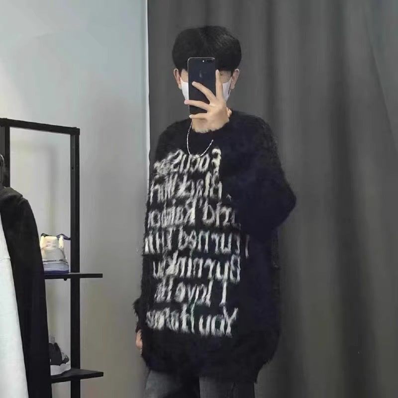 Kuaishou Maomao Acri American retro high street letter pullover knitted sweater for men and women couple loose round neck top trendy