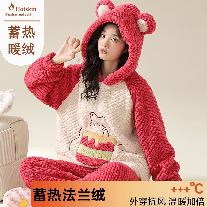 法蘭絨睡衣女士可愛連帽秋冬珊瑚絨加厚保暖套裝冬天家居服可外穿