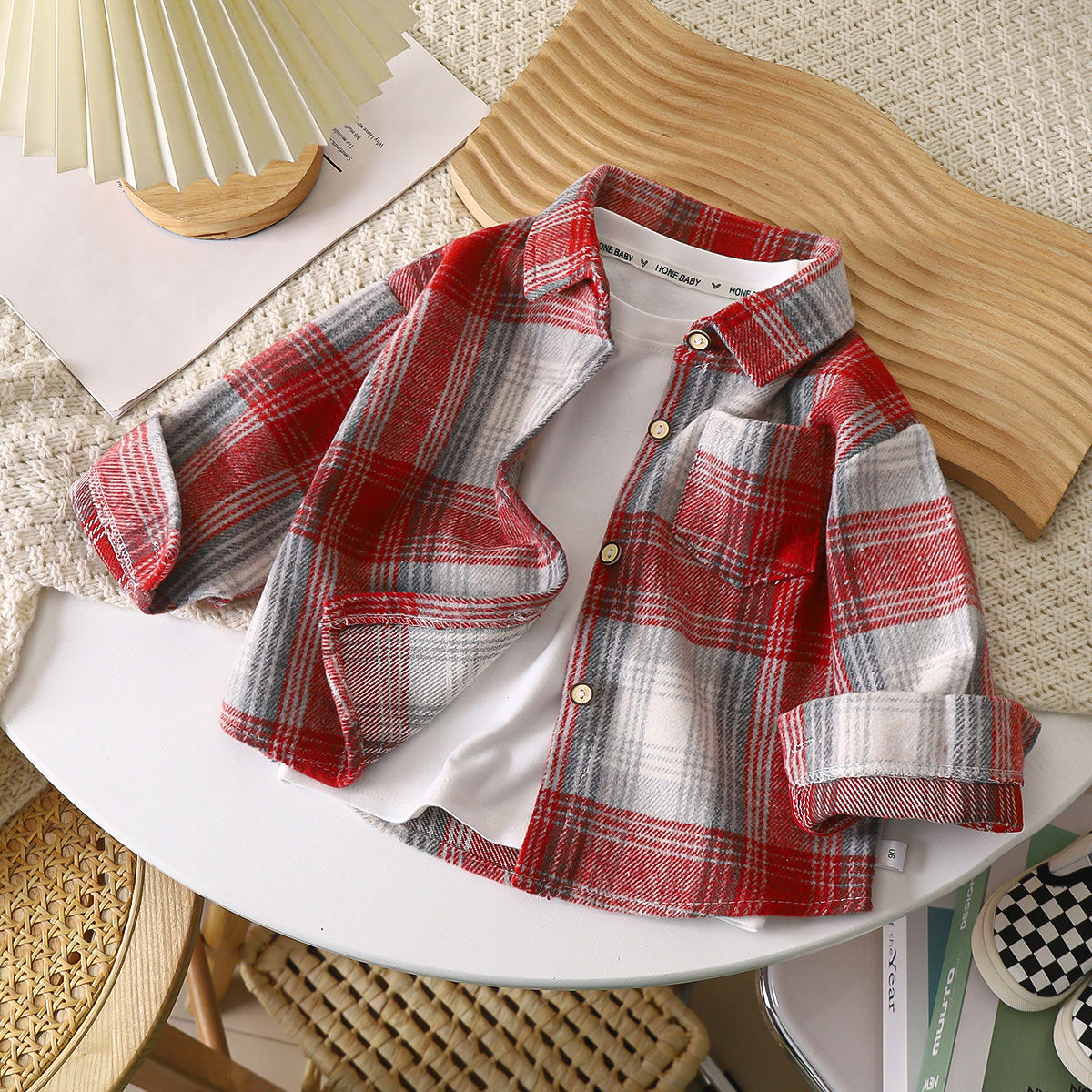 Boys' shirts, long-sleeved autumn plaid shirts, children's retro color-blocking cardigans, new lapel tops, jackets for girls