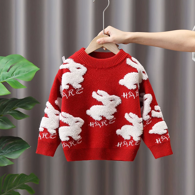Korean style girls sweater, fashionable children's sweater winter wear 2023 new little girl red New Year round neck sweater