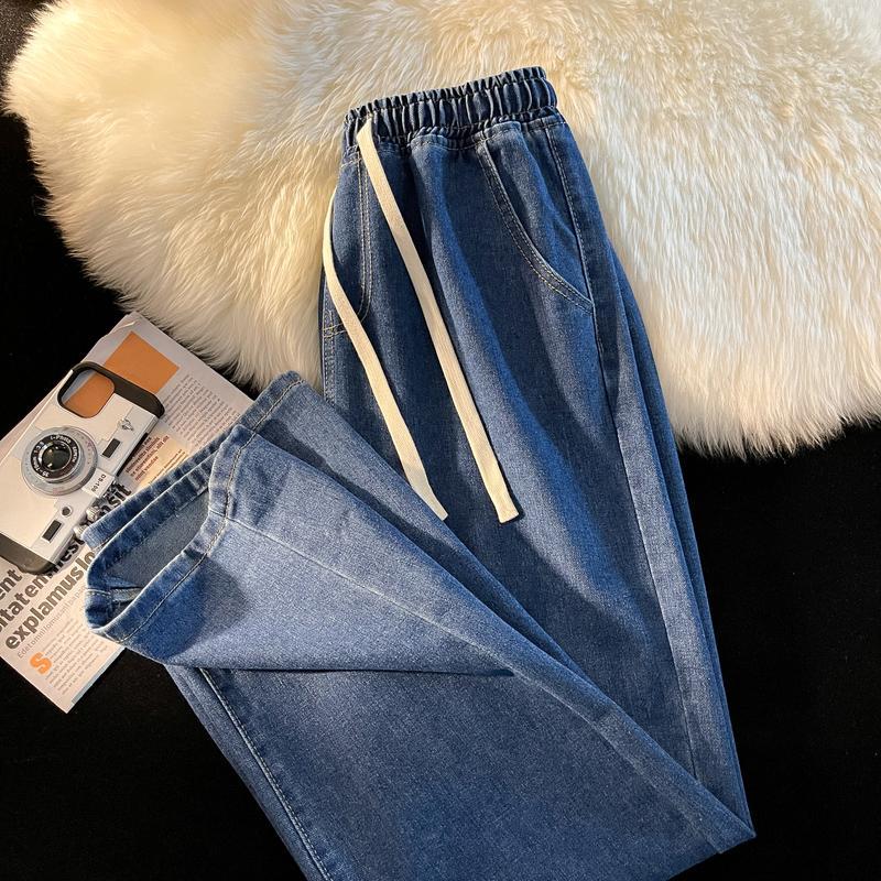 Dark blue elastic waist jeans for women, spring and autumn wide-leg straight pants, pear-shaped body, small people, iron-free, non-magnetic pants
