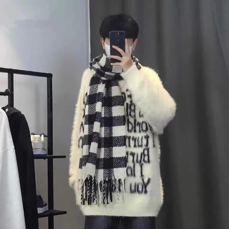 Kuaishou Maomao Acri American retro high street letter pullover knitted sweater for men and women couple loose round neck top trendy