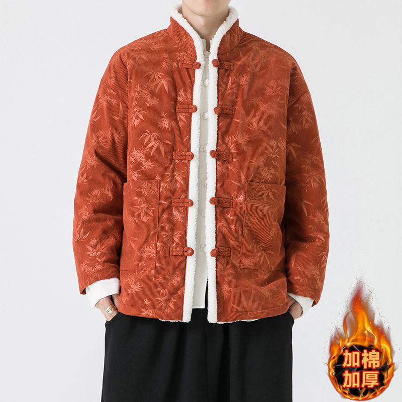 新中式唐装男中国风冬季羊羔毛棉衣复古灯芯绒宽松加厚棉袄外套潮