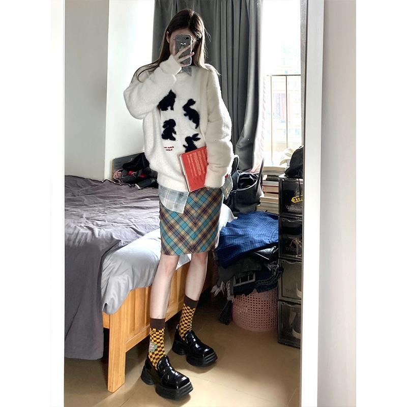 仿水貂毛白色毛衣男女秋冬季復古圓領寬鬆慵懶風針織衫上衣長袖潮