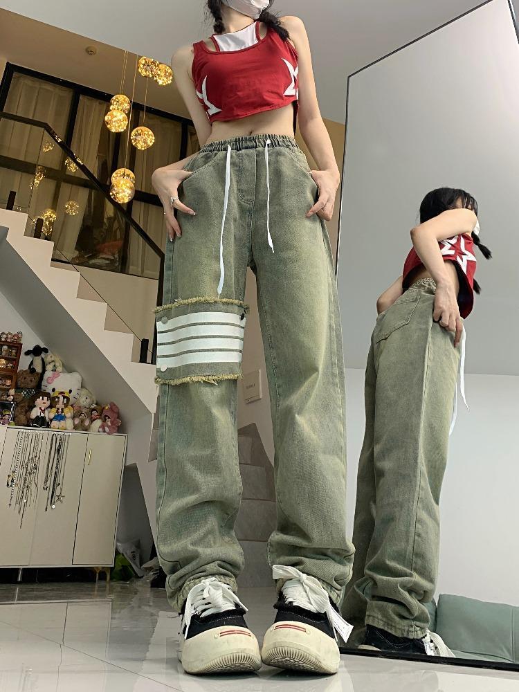 網紅同款美式高街復古四條槓貼布牛仔褲女夏季百搭休閒褲顯瘦寬鬆