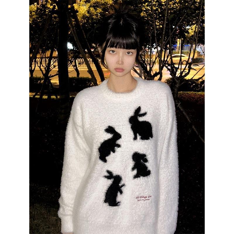 仿貂毛圓領毛衣男女秋冬新款兔子剪影針織衫外套寬鬆慵懶風上衣潮