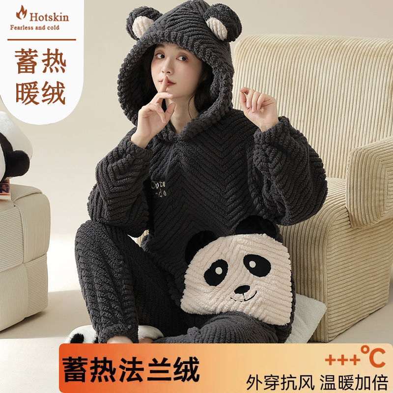 法蘭絨睡衣女士可愛連帽秋冬珊瑚絨加厚保暖套裝冬天家居服可外穿