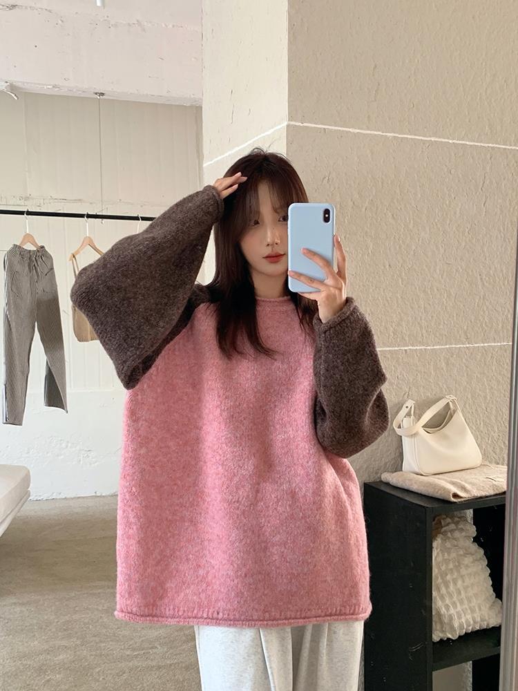 美式復古插肩袖式小眾設計感毛衣男女秋冬季復古慵懶風拼色針織衫