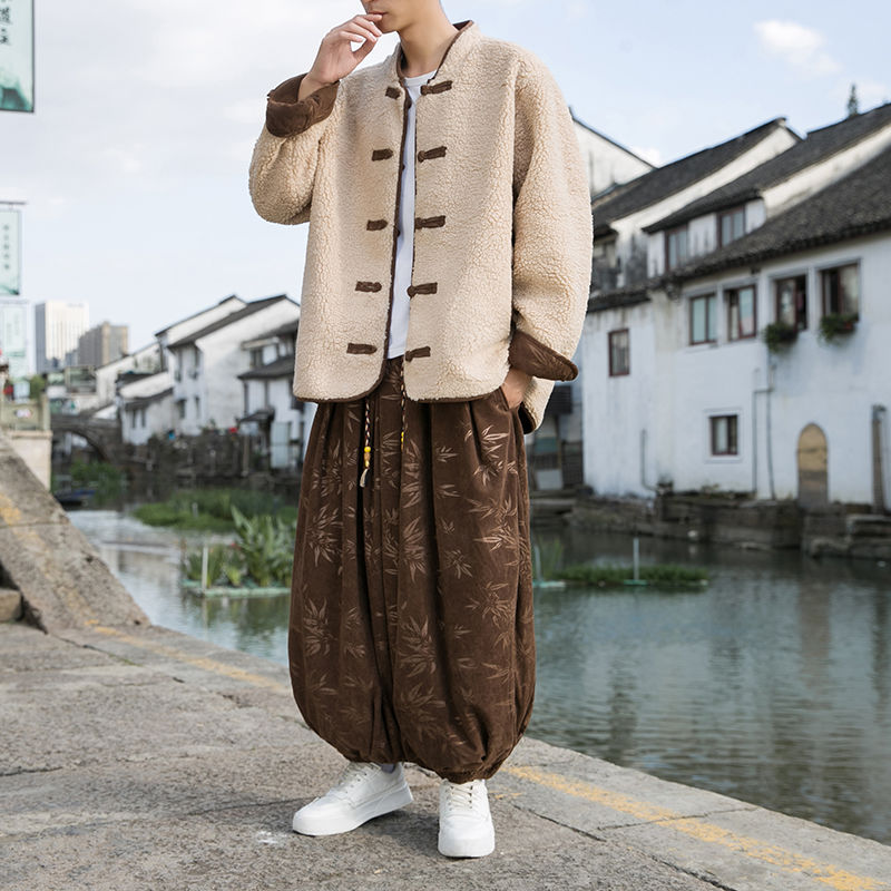 冬款加绒羊羔毛套装中国风男装加厚唐装汉服棉衣灯芯绒棉袄外套男