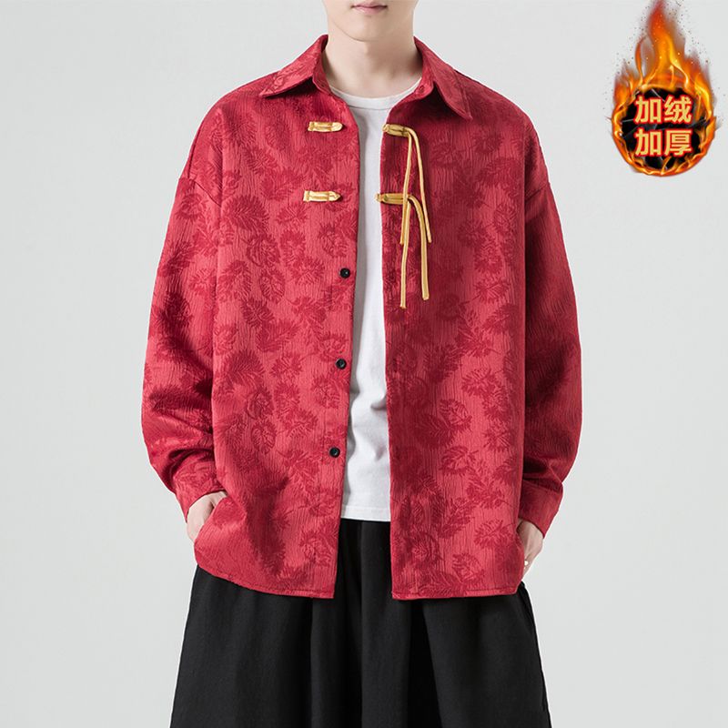 新中式唐裝男中國風秋冬季加絨加厚長袖襯衫寬鬆大碼禮服襯衣男裝