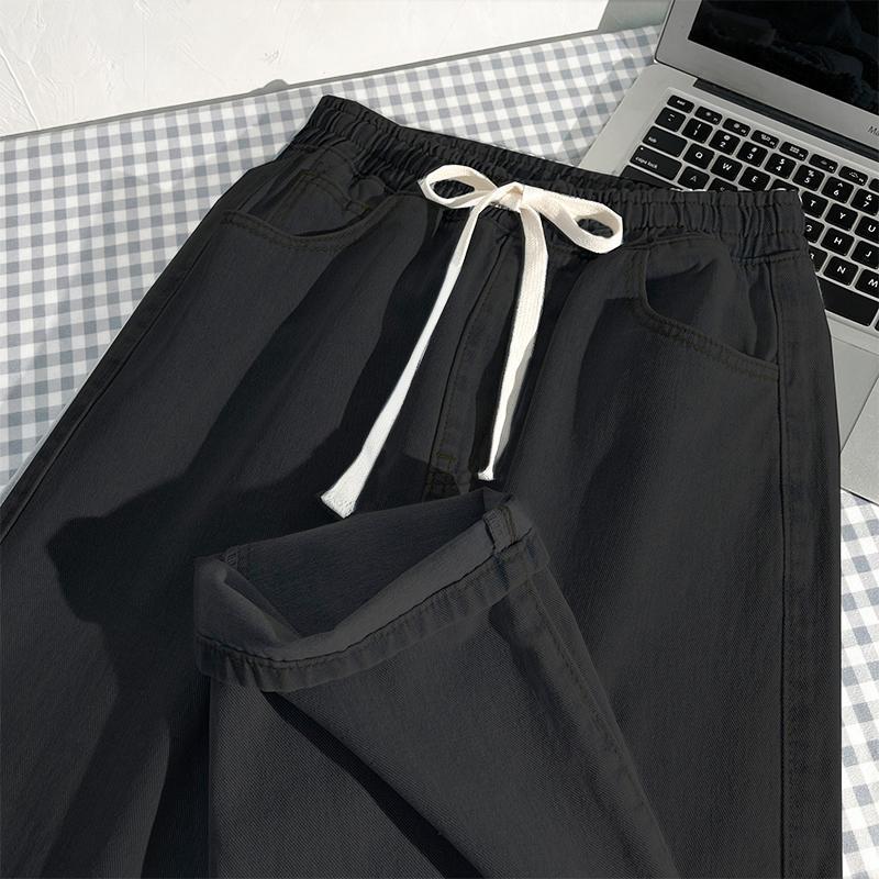 Black elastic waist jeans for women in spring and autumn, loose and slim, straight wide-leg drawstring, autumn casual pants for small people