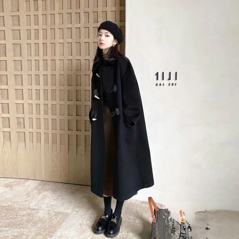 黑色牛角扣呢子大衣女中長款2023年秋冬季新款小個子加厚毛呢外套