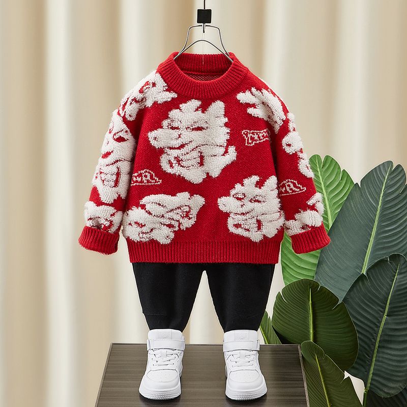 Boys' Sweater 2023 New Autumn and Winter Fashionable Red Children's Round Neck Pullover Girls' Comfortable Bottoming Sweater