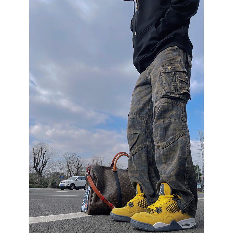 美式vibe高級感痞帥迷彩工裝牛仔褲男ins潮牌阿美咔嘰直筒休閒褲