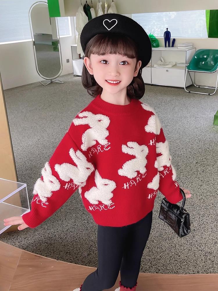女童毛衣冬季新款加绒加厚女孩套头打底衫儿童小兔子过年大红毛衣