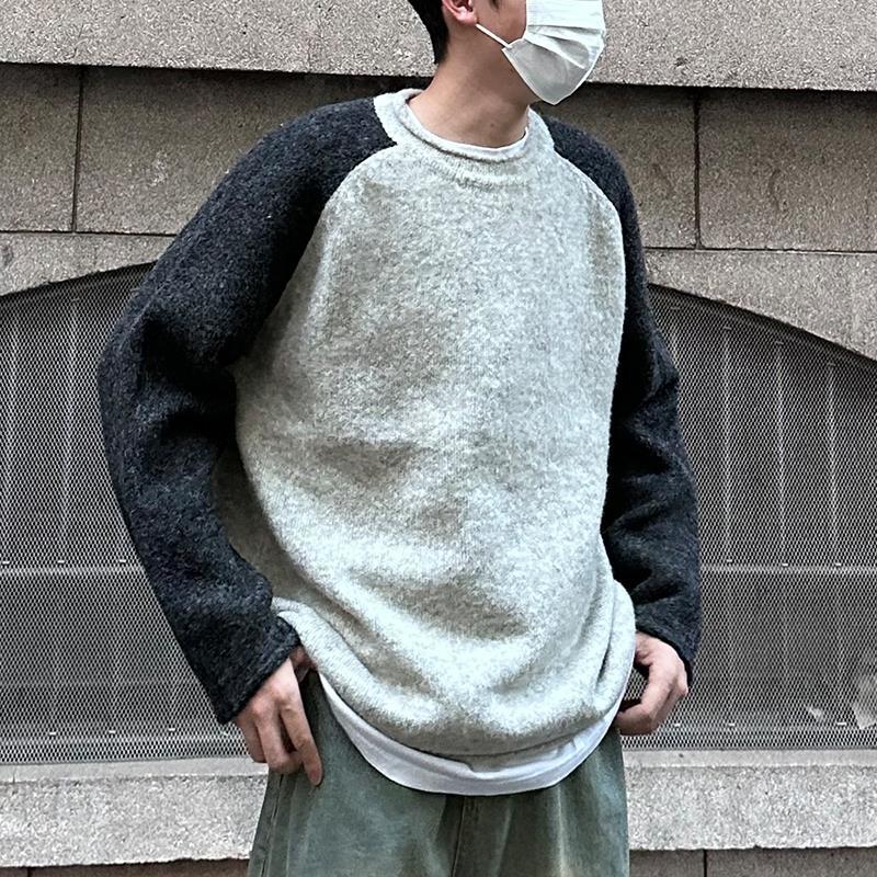 美式復古秋冬季拼色毛衣男女潮牌寬鬆插肩袖oversize情侶上衣外套