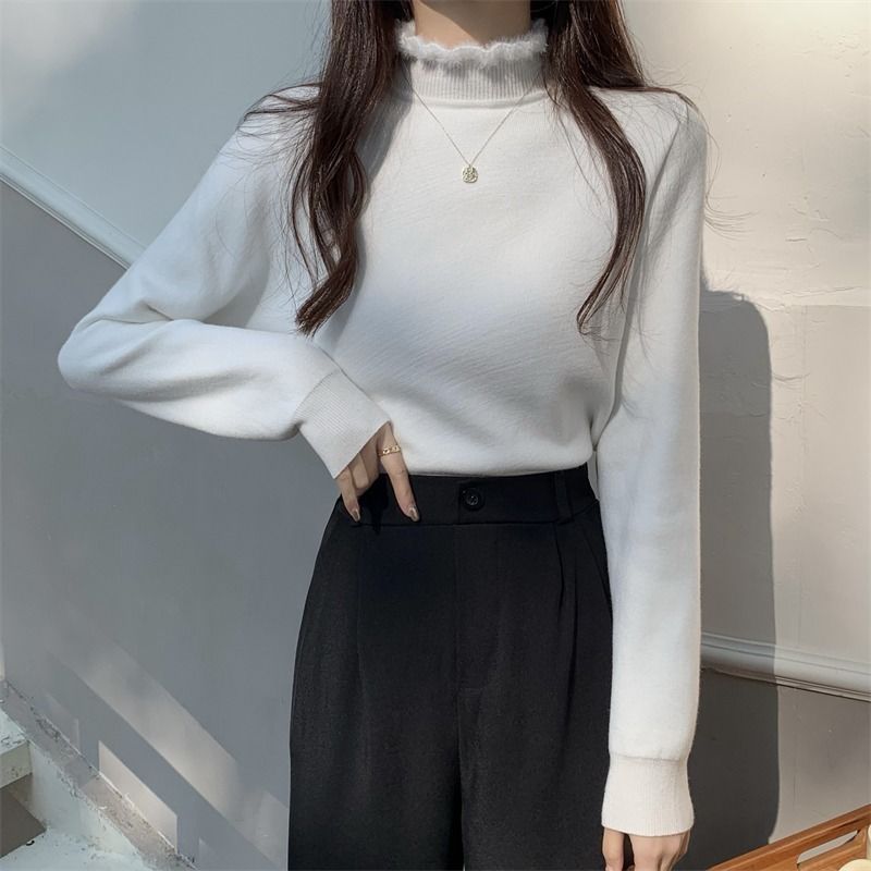 半高領保暖加絨白色打底衫女秋冬高級感一體絨修身內搭針織衫上衣