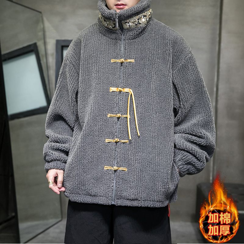 羊羔毛棉衣男中國風冬季加厚保暖棉襖新中式唐裝寬鬆大碼棉服外套