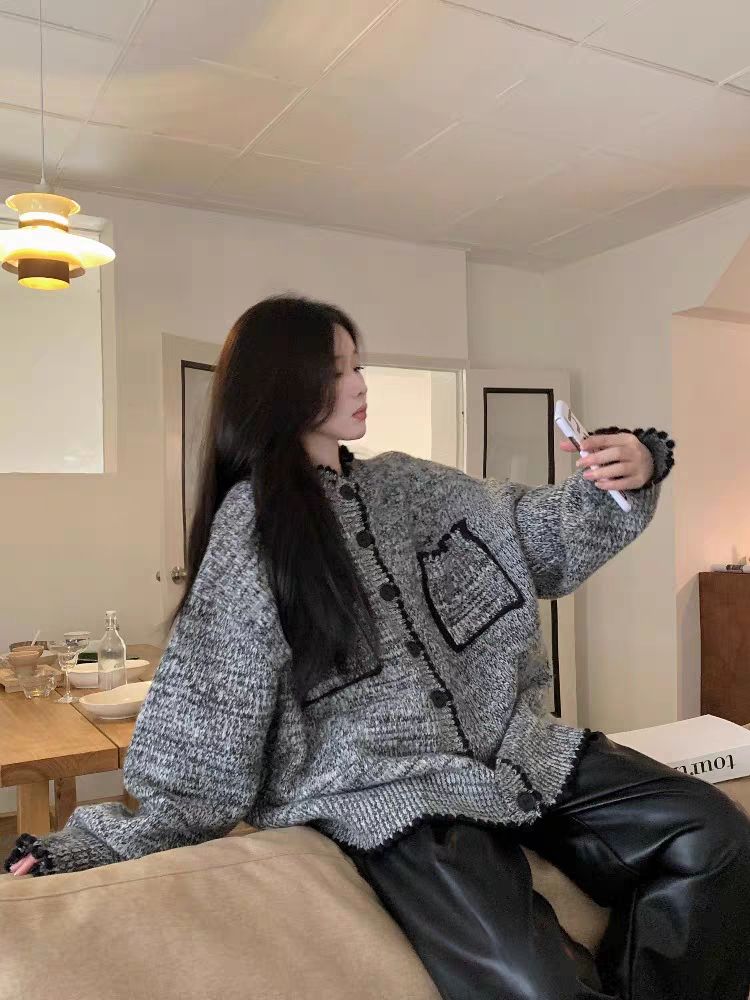 小香風韓系軟糯針織衫毛衣外套開衫女秋冬新款加厚慵懶風上衣