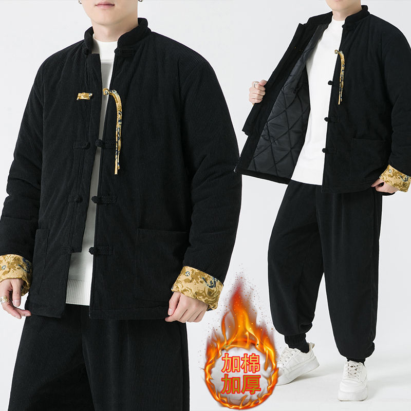 中国风男装灯芯绒套装盘扣新中式复古风唐装棉衣棉袄外套男两件套