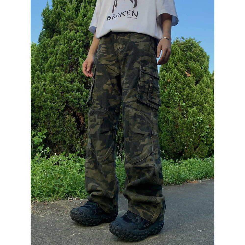 美式高級感痞帥迷彩牛仔褲男潮牌復古多口袋直筒修身顯瘦工裝長褲