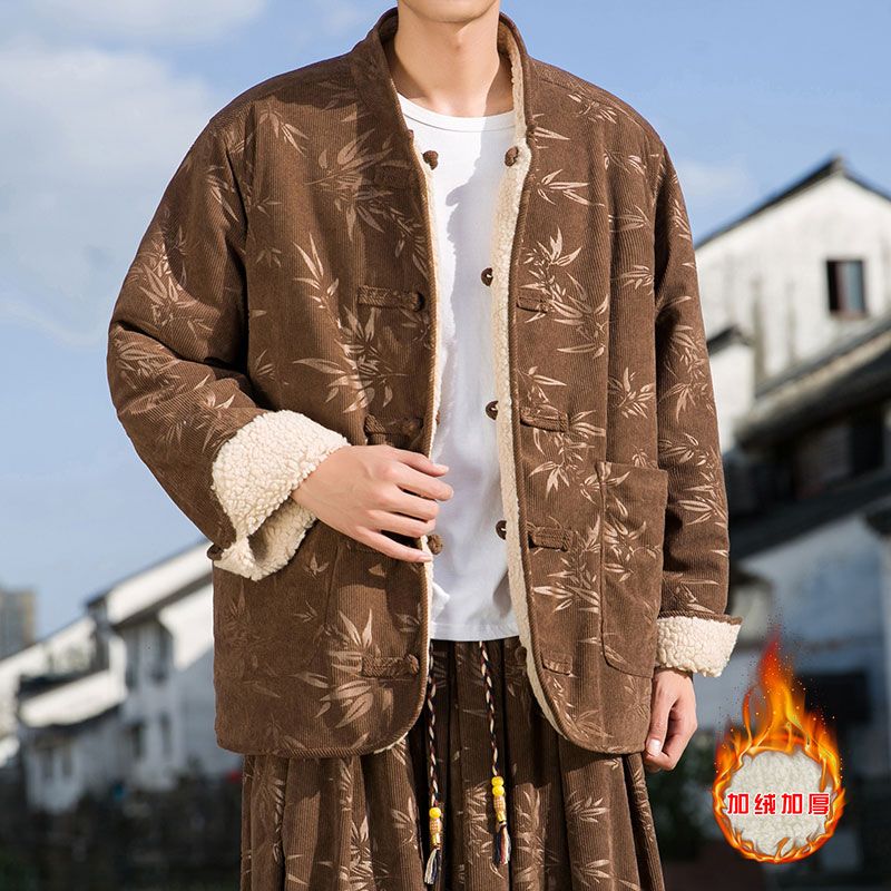 羊羔毛棉衣男中国风男装双面穿棉袄外套新中式冬季加厚保暖棉服男