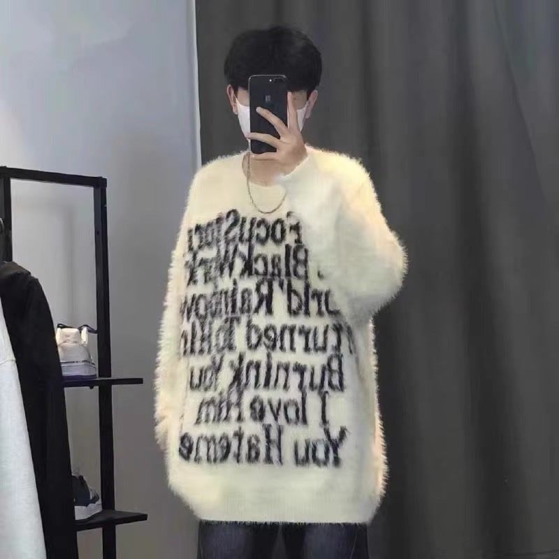 Kuaishou Maomao Acri American retro high street letter pullover knitted sweater for men and women couple loose round neck top trendy