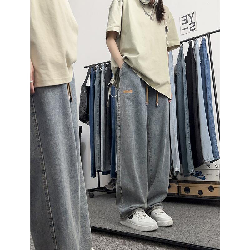 Junior high school students' pants women's autumn American retro elastic waist denim wide-leg pants workwear hiphop straight-leg pile pants