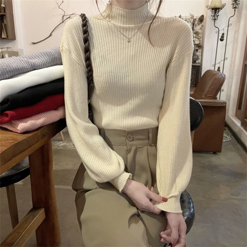 半高領加厚軟糯針織打底衫女秋冬寬鬆高級感毛衣內搭獨特别致上衣