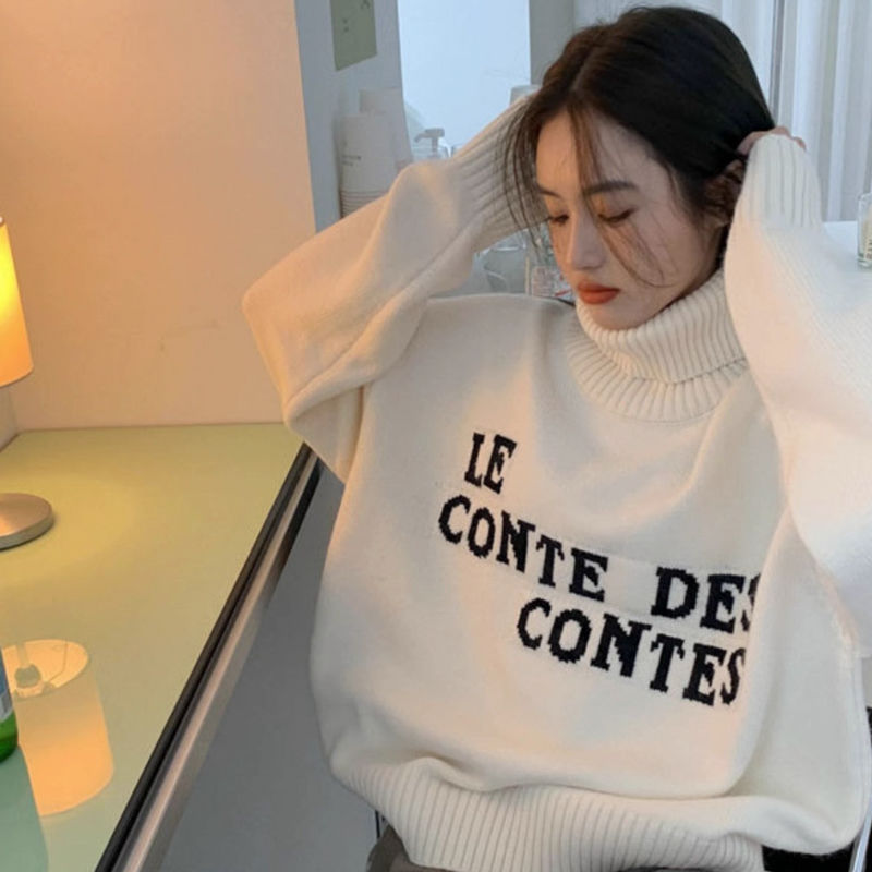 秋冬裝設計感字母刺繡高領毛衣女高級感慵懶風外穿加厚針織衫上衣