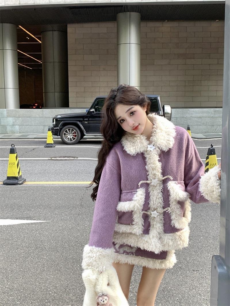 溫柔氣質毛毛拼接紫色外套女冬季加絨加厚寬鬆小個子洋氣短款上衣