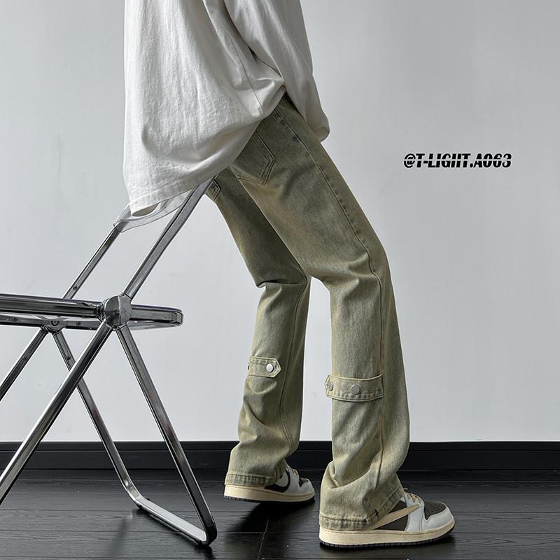 American retro vibe pants high street trendy yellow mud jeans men's spring and autumn strap design casual bootcut pants