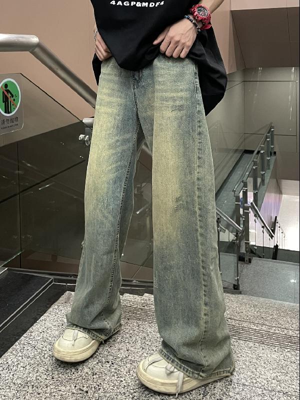 YINGZQ American retro distressed wide-leg trousers for men in spring and summer, loose and versatile drapey floor-length trousers and jeans