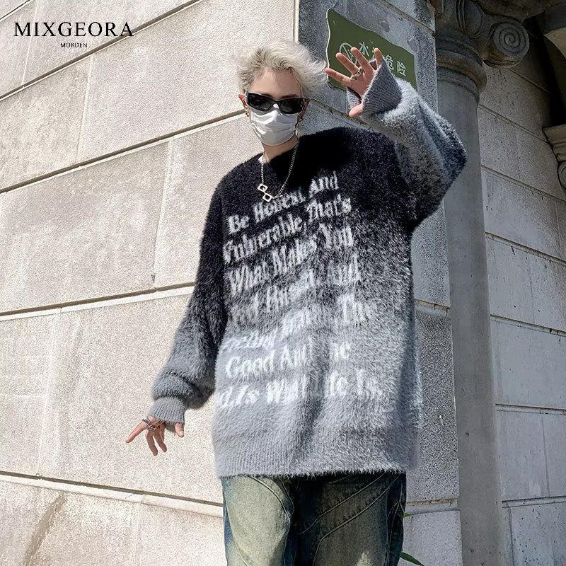 MIX GEORA美式復古毛衣男女日系慵懶風扎染漸變高級毛針織衫冬季