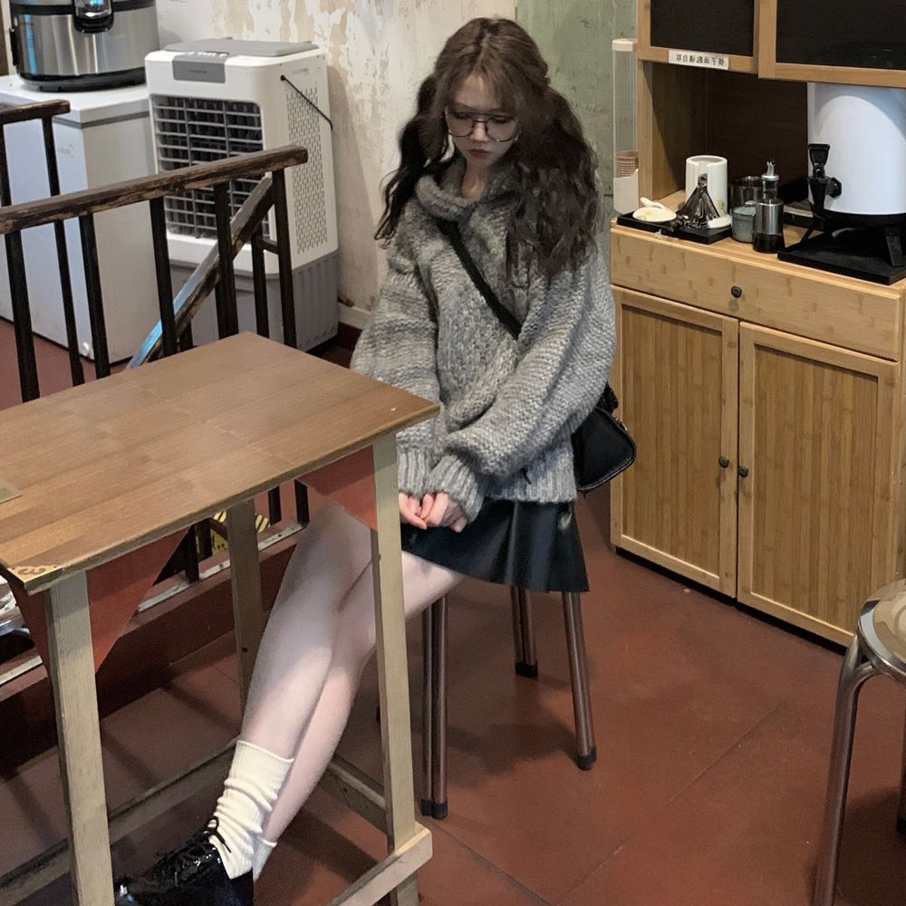 Soft and waxy style hooded twist milk fufu sweater jacket for women autumn and winter new style gray lazy pullover loose sweater