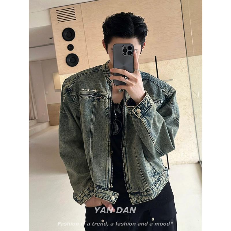 American retro short denim jacket trendy brand European and American street vintage shoulder pad jacket men's metal standard coat