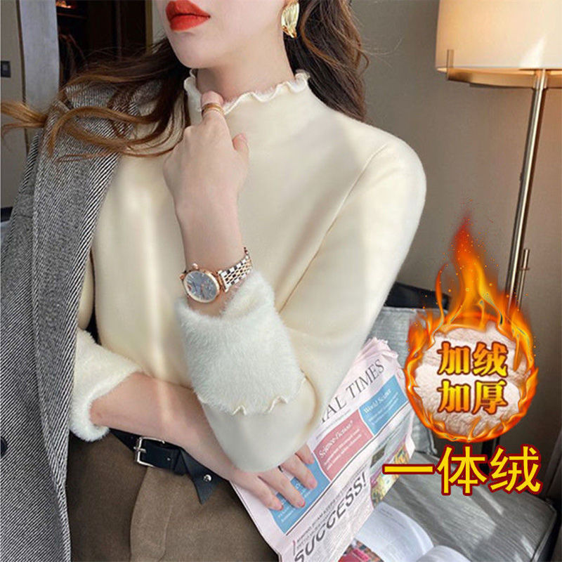 2023新款秋冬季一體絨木耳邊半高領毛衣打底衫女加絨加厚內搭上衣