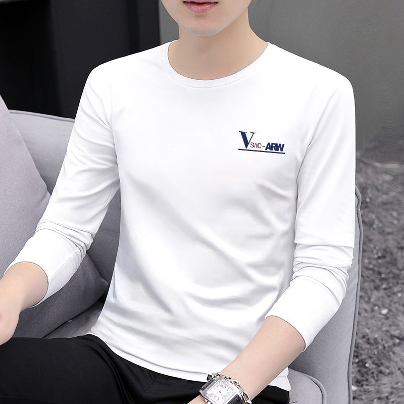 Autumn and winter new high-end long-sleeved T-shirts for men with printed trendy simple inner autumn clothes and stylish tops white bottoming shirts
