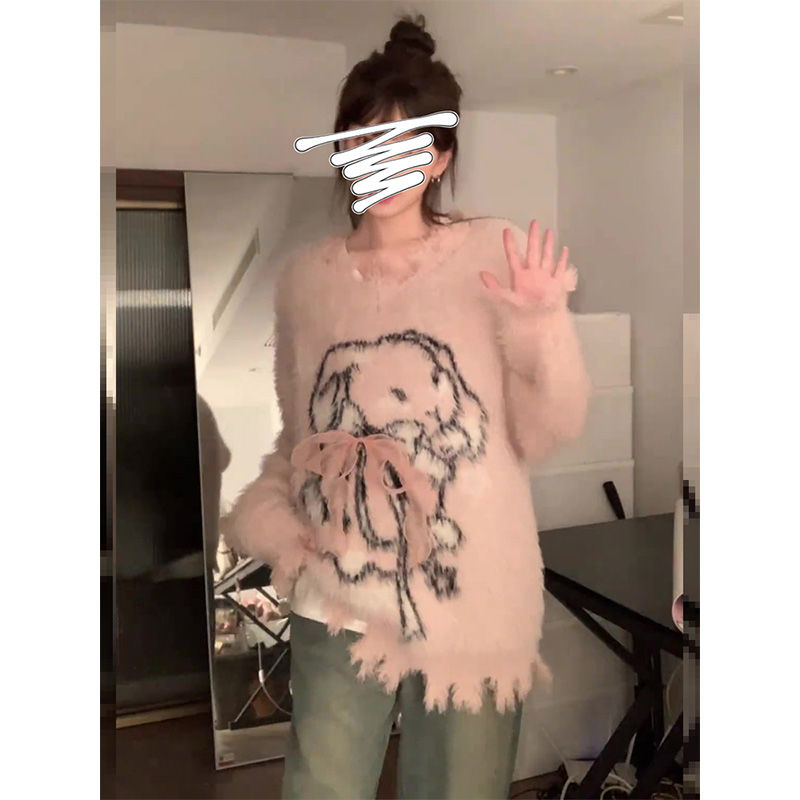 學院甜美印花兔子蝴蝶結毛衣女秋冬新款寬鬆不規則下擺針織衫上衣