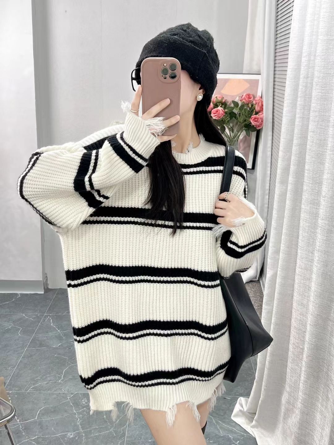 破邊流蘇條紋毛衣女秋冬季慵懶風大版圓領外穿軟糯套頭針織衫