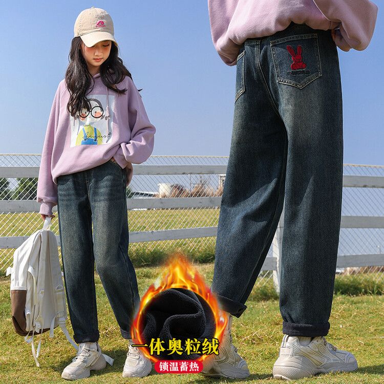 女童牛仔褲冬季保暖女褲子2023新款洋氣蘿蔔褲加絨加厚一體絨