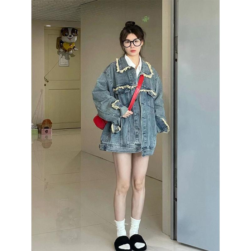 American retro washed blue denim jacket for women oversize spring and autumn new design niche casual top