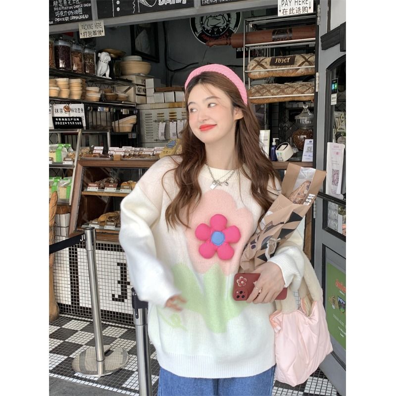 奶甜少女立體花朵圓領毛衣女秋季新款減齡加厚寬鬆針織衫上衣