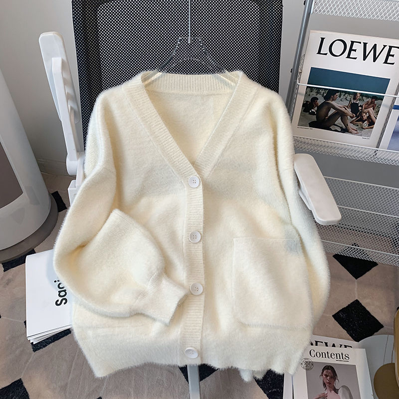 Imitation mink knitted cardigan for women autumn and winter 2023 new thickened warm long-sleeved top furry sweater jacket