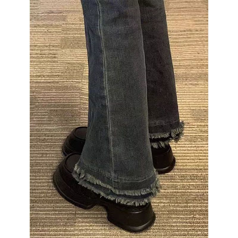 美式復古微喇牛仔褲女秋季新款設計感高腰毛邊直筒拖地喇叭褲子潮