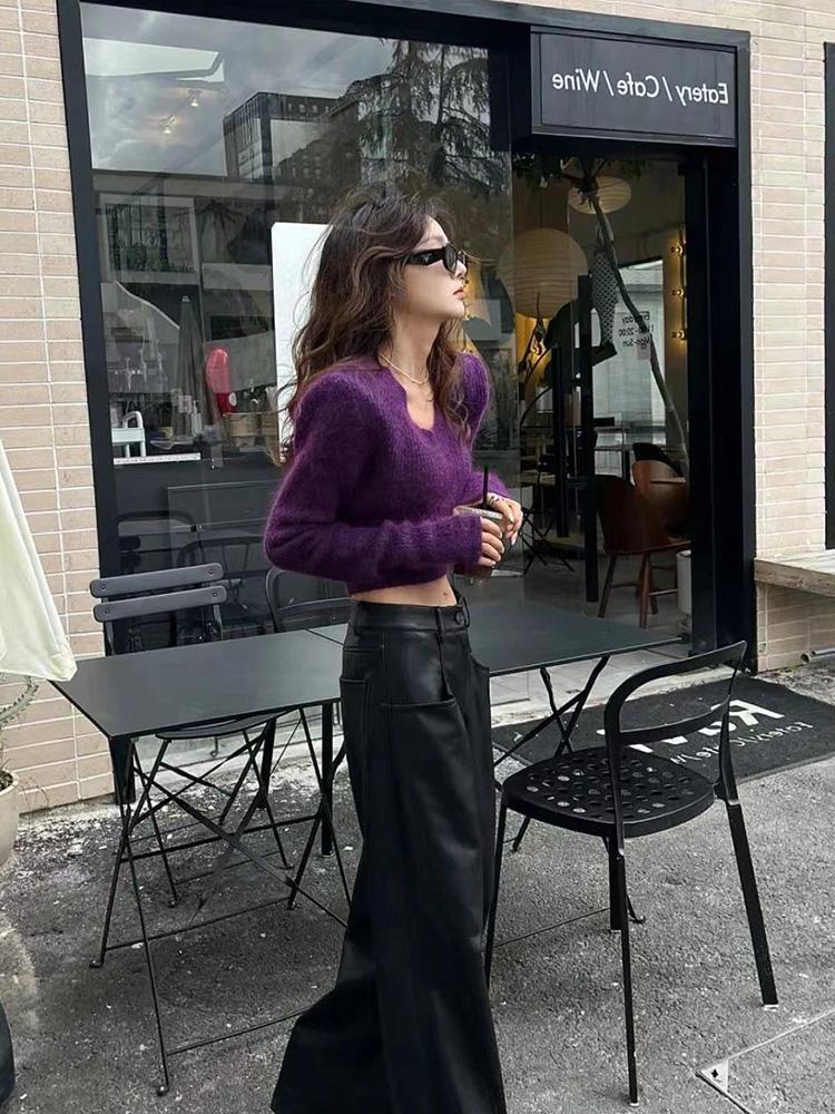 V領紫色短款上衣馬海毛法式高級感慵懶風針織衫套頭毛衣女秋冬季