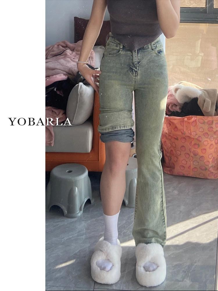 淺色黃泥染彈力微喇叭牛仔褲女秋冬大碼胖mm高腰顯瘦梨型身材褲子