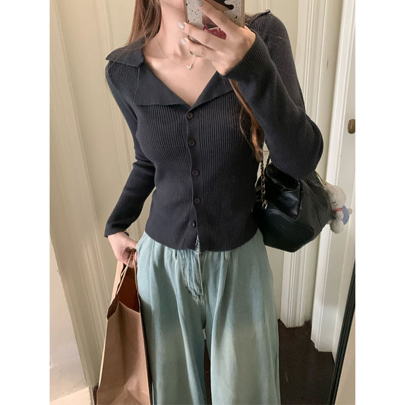 Designed polo lapel short knitted cardigan for women in autumn new slim fit bottoming sweater long-sleeved top