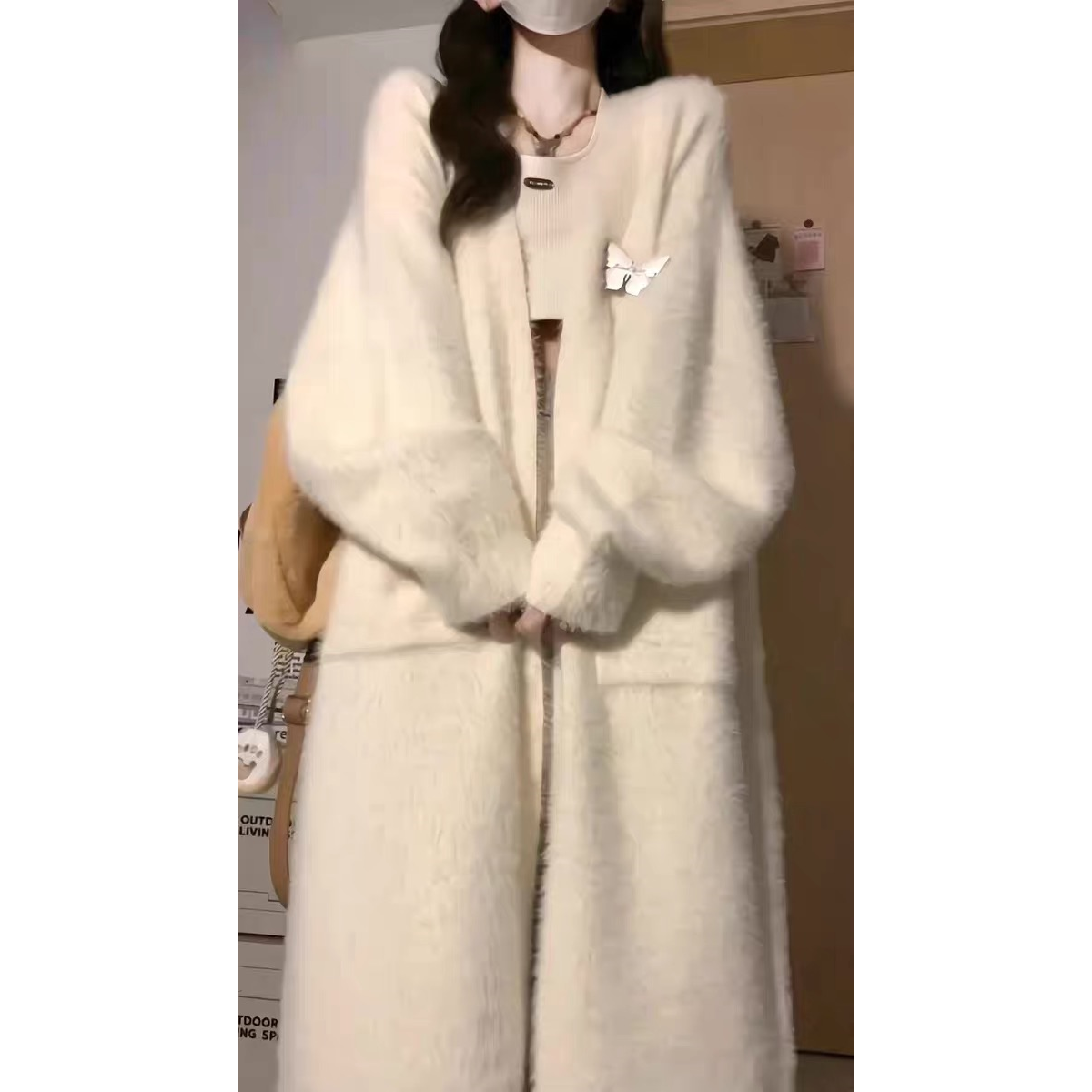 設計感小眾蝴蝶開衫水貂毛毛衣女慵懶風寬鬆休閒中長款針織衫外套