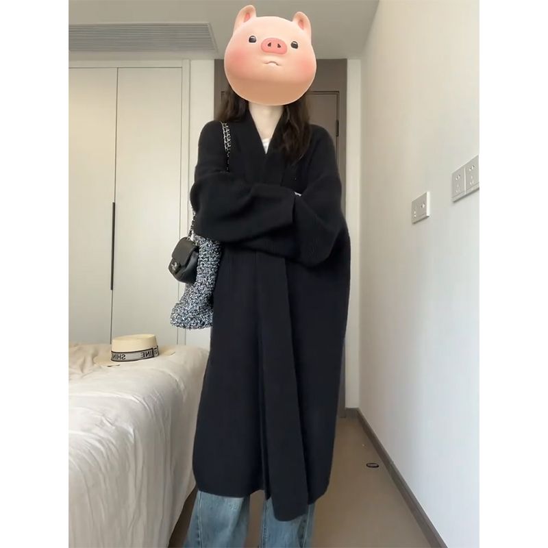 黑色中長款加厚過膝毛衣外套女秋冬季韓系寬鬆慵懶風針織開衫上衣